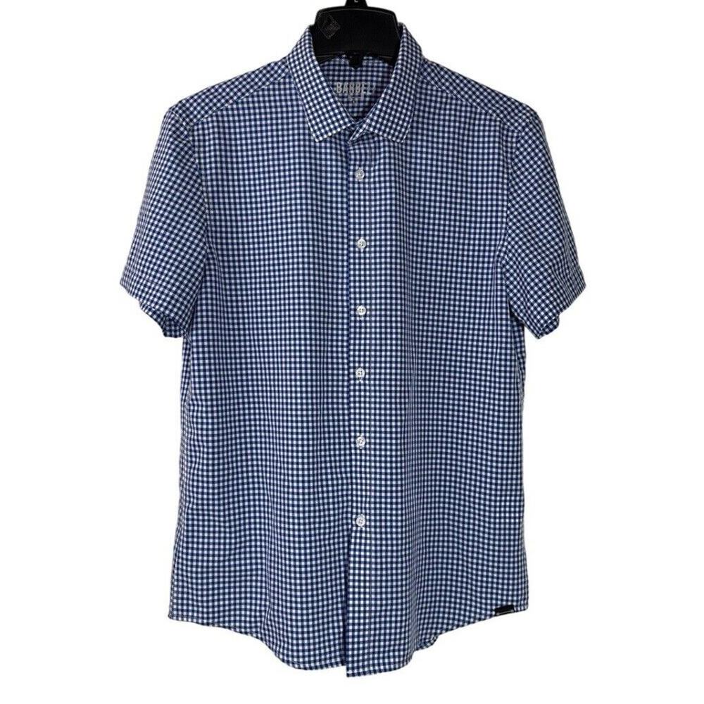 Men's Blue Gingham Short-Sleeve Button-Down Barbell Apparel Shirt - M